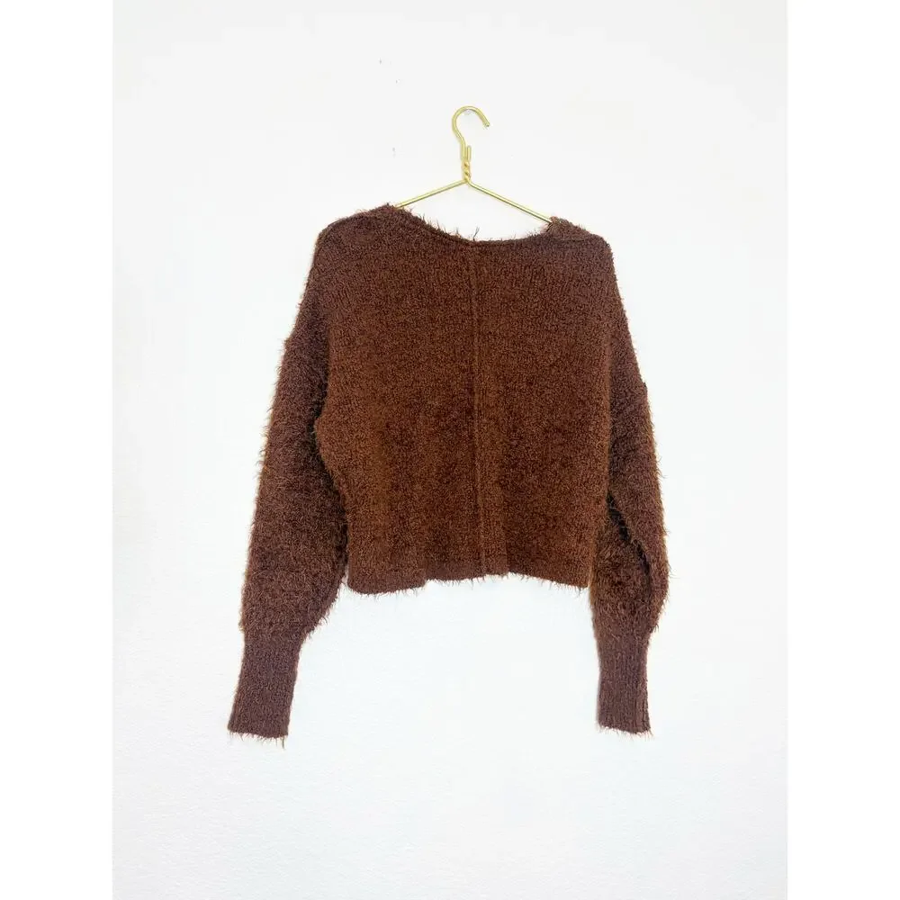 Free People Icing V-Neck Sweater Mocha Brown Size XS Fuzzy Oversized Soft